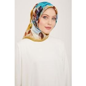 Armine 9133-02 Gold-Mavi Çiçek Desen Tivil İpek Eşarp