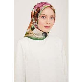 Armine 9133-03 Yeşil-Kahverengi Çiçek Desen Tivil İpek Eşarp