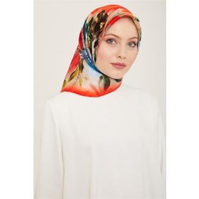 Armine 9133-36 Mercan-İndigo Çiçek Desen Sura İpek Eşarp