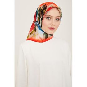 Armine 9133-36 Mercan-İndigo Çiçek Desen Tivil İpek Eşarp