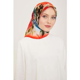 Armine 9133-36 Mercan-İndigo Çiçek Desen Tivil İpek Eşarp
