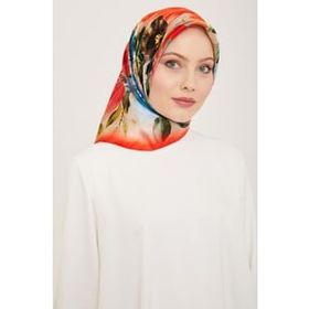 Armine 9133-36 Mercan-İndigo Çiçek Desen Tivil İpek Eşarp