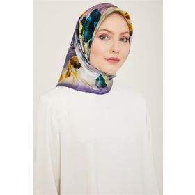 Armine 9133-53 Morcivert-Neon Sarı Çiçek Desen Sura İpek Eşarp