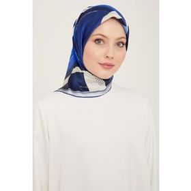 Armine 9138-80 Mavi Yazı Desen Tivil İpek Eşarp