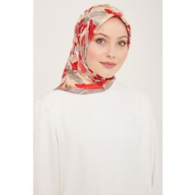 Armine 9140-05 Gri-Kırmızı Karma Desen Tivil İpek Eşarp