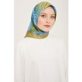Armine 9143-05 Soft Yeşil-Mavi Çizgili Desen Tivil İpek Eşarp