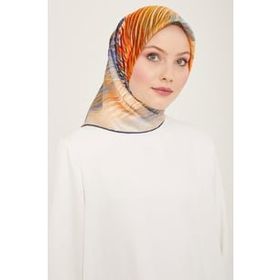 Armine 9143-82 Kiremit-Mavi Çizgili Desen Tivil İpek Eşarp