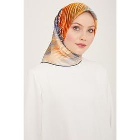 Armine 9143-82 Kiremit-Mavi Çizgili Desen Tivil İpek Eşarp