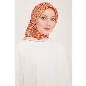 Armine 9144-37 Turuncu-Gri Geometrik Desen Tivil İpek Eşarp