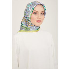 Armine 9144-55 Havacı Mavi-Neon Yeşil Geometrik Desen Sura İpek Eşarp