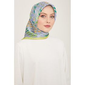 Armine 9144-55 Havacı Mavi-Neon Yeşil Geometrik Desen Sura İpek Eşarp