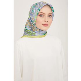 Armine 9144-55 Havacı Mavi-Neon Yeşil Geometrik Desen Sura İpek Eşarp