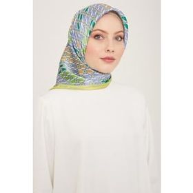 Armine 9144-55 Havacı Mavi-Neon Yeşil Geometrik Desen Sura İpek Eşarp
