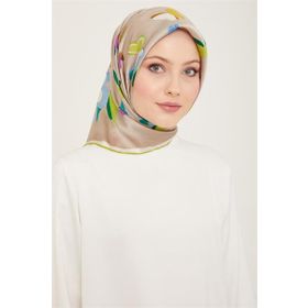 Armine 9146-05 Taş Rengi-Yeşil Kelebek Desen Tivil İpek Eşarp