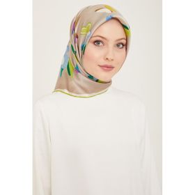 Armine 9146-05 Taş Rengi-Yeşil Kelebek Desen Tivil İpek Eşarp