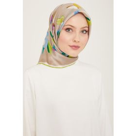 Armine 9146-05 Taş Rengi-Yeşil Kelebek Desen Tivil İpek Eşarp