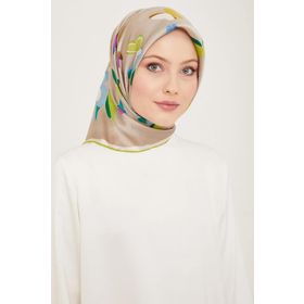 Armine 9146-05 Taş Rengi-Yeşil Kelebek Desen Tivil İpek Eşarp