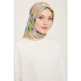 Armine 9146-05 Taş Rengi-Yeşil Kelebek Desen Tivil İpek Eşarp
