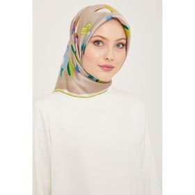 Armine 9146-05 Taş Rengi-Yeşil Kelebek Desen Tivil İpek Eşarp