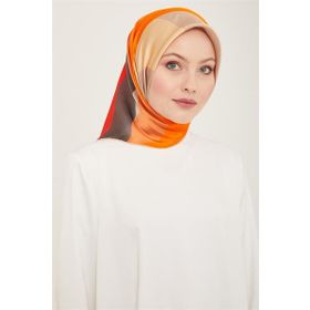 Armine 9148-82 Turuncu-Gri Dalga Desen Tivil İpek Eşarp