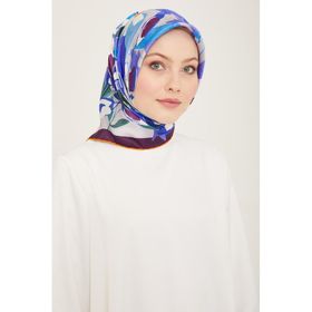 Armine 9153-61 Patlıcan Mor-Mavi Çiçek Desen Tivil İpek Eşarp