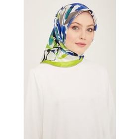 Armine 9153-81 Neon Yeşil-Lacivert Çiçek Desen Tivil İpek Eşarp