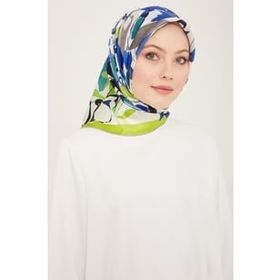 Armine 9153-81 Neon Yeşil-Lacivert Çiçek Desen Tivil İpek Eşarp