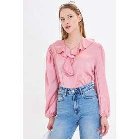 Armonika ARM-22K001059 Kadın Açık Pembe Yakası Fırfırlı Omuzu Büzgülü Kolu Lastikli Pamuk Saten Bluz