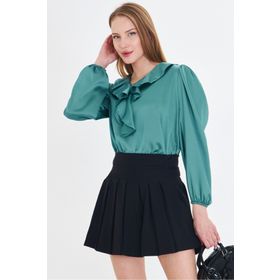 Armonika ARM-22K001059 Kadın Turkuaz Yakası Fırfırlı Omuzu Büzgülü Kolu Lastikli Pamuk Saten Bluz