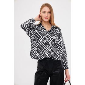 Armonika ARM-22Y001144 Kadın Siyah Kare Desen Oversize Uzun Basic Gömlek
