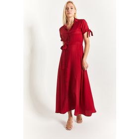 Armonika ARM-23Y001004 Kadın Bordo Kolu Bağlamalı Beli Kuşaklı Gömlek Elbise