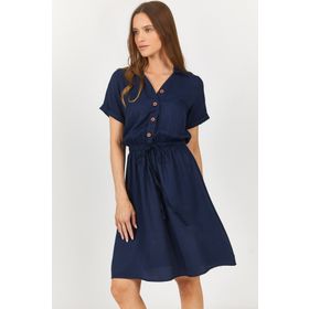 Armonika ARM-23Y001035 Kadın Lacivert Beli Lastikli Kısa Kol Gömlek Elbise