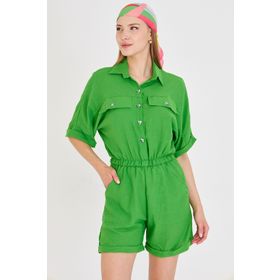 Armonika ARM-23Y001075 Kadın Yeşil Yarasa Kol Cepli Beli Lastikli Şortlu Tulum