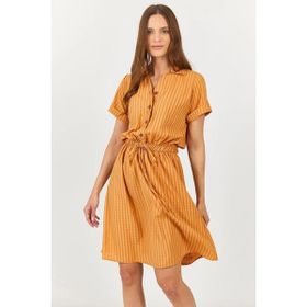 Armonika ARM-23Y001079 Kadın Camel Beli Lastikli Desenli Kısa Kol Gömlek Elbise
