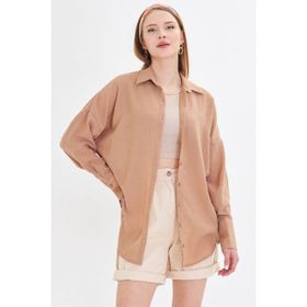 Armonika ARM-24K001001 Bej Oversize Dokulu Keten Görünümlü Geniş Manşetli Kadın Gömlek