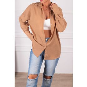 Armonika ARM-24K001001 Bej Oversize Dokulu Keten Görünümlü Geniş Manşetli Kadın Gömlek