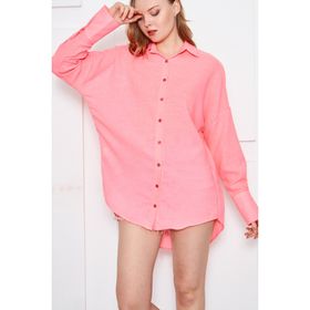 Armonika ARM-24K001001 Kadın Neon Pembe Oversize Dokulu Keten Görünümlü Geniş Manşetli Gömlek