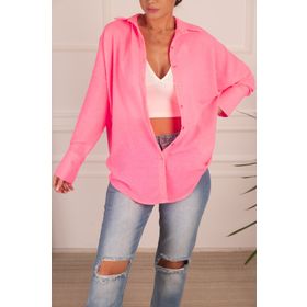 Armonika ARM-24K001001 Kadın Neon Pembe Oversize Dokulu Keten Görünümlü Geniş Manşetli Gömlek