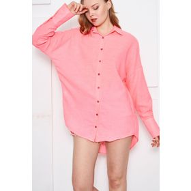 Armonika ARM-24K001001 Kadın Neon Pembe Oversize Dokulu Keten Görünümlü Geniş Manşetli Gömlek