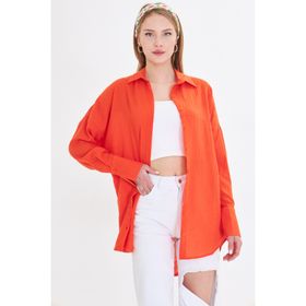 Armonika ARM-24K001001 Kadın Oranj Oversize Dokulu Keten Görünümlü Geniş Manşetli Gömlek