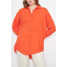 Armonika ARM-24K001001 Kadın Oranj Oversize Dokulu Keten Görünümlü Geniş Manşetli Gömlek