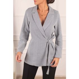 Armonika ARM-24K001009 Kadın Lacivert Yandan Bağlamalı Balık Sırtı Desenli Kaşe Ceket