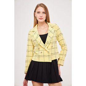 Armonika ARM-24K001014 Sarı Siyah Kruvaze Yaka Tüvit Crop Kadın Ceket