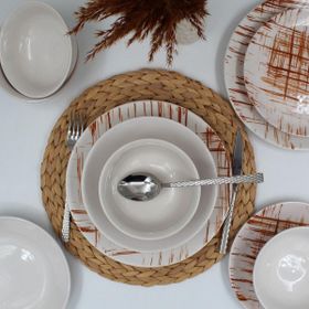 Arna Porselen Ekose Karamel Düz 24 Parça 6 Kişilik Yemek Takımı