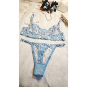 Arona Mavi Çiçek Fransız Bralet Dantelli Brode Seksi Sütyen Takım