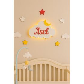 Arsergroup Bebek Hediyelik Ahşap Isimli Bulut Ledli Aydınlatma Yenidoğan Hediyelik Gece Lambası