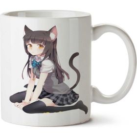 Art Hediye Anime Kedi Kadın İki Tarafı Baskılı Kupa Bardak