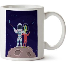 Art Hediye Astronot Uzaylıyla Selfi Iki Tarafı Baskılı Kupa Bardak