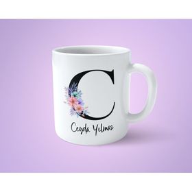 Art Hediye Çiçekli C Harfli İsimli Baskılı Kupa