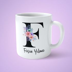 Art Hediye Çiçekli F Harfli İsimli Baskılı Kupa Bardak